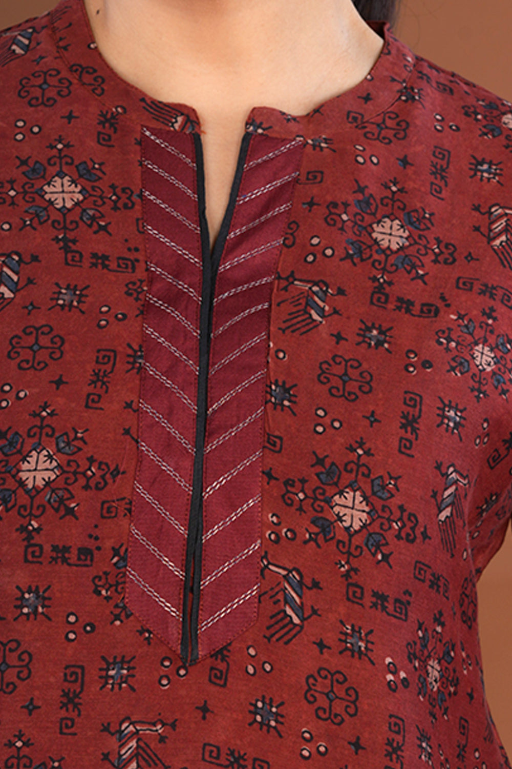 Image of Maroon Ajrak handblock printed Chanderi Kurta set