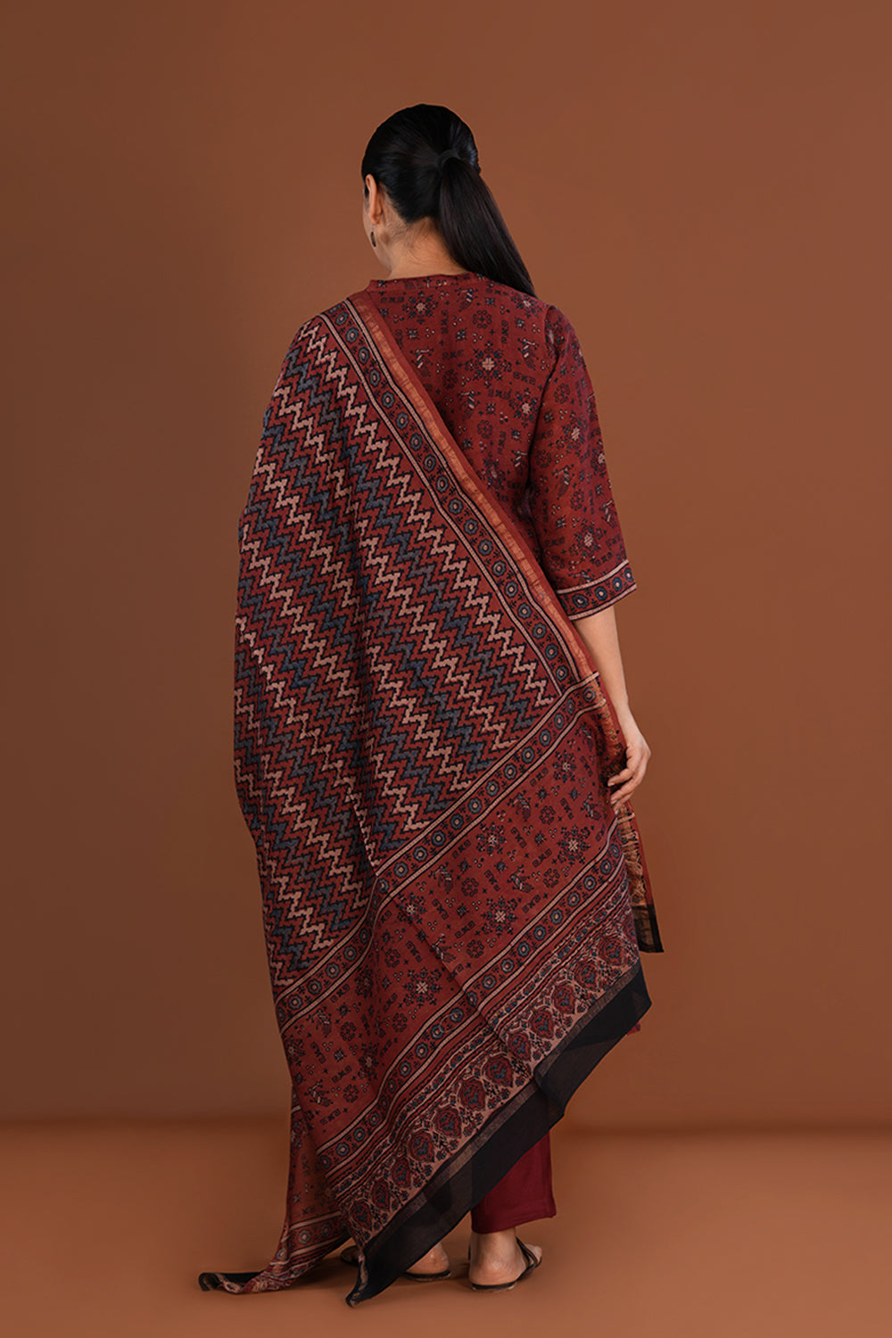 Maroon Ajrak handblock printed Chanderi Kurta set