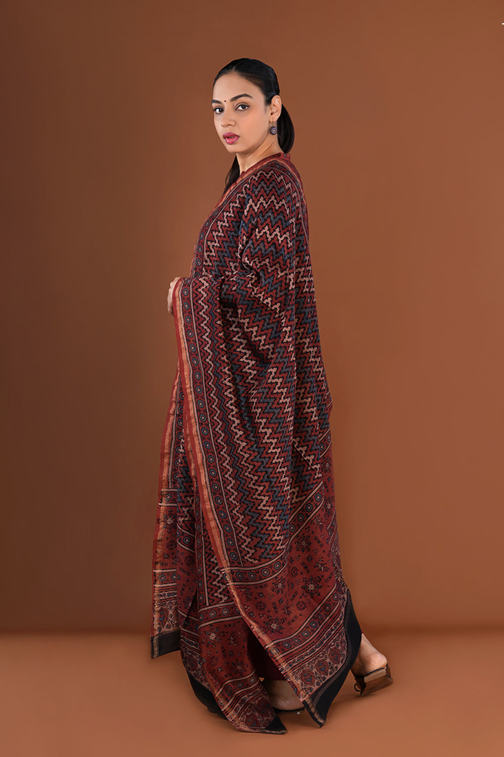 Maroon Ajrak handblock printed Chanderi Kurta set