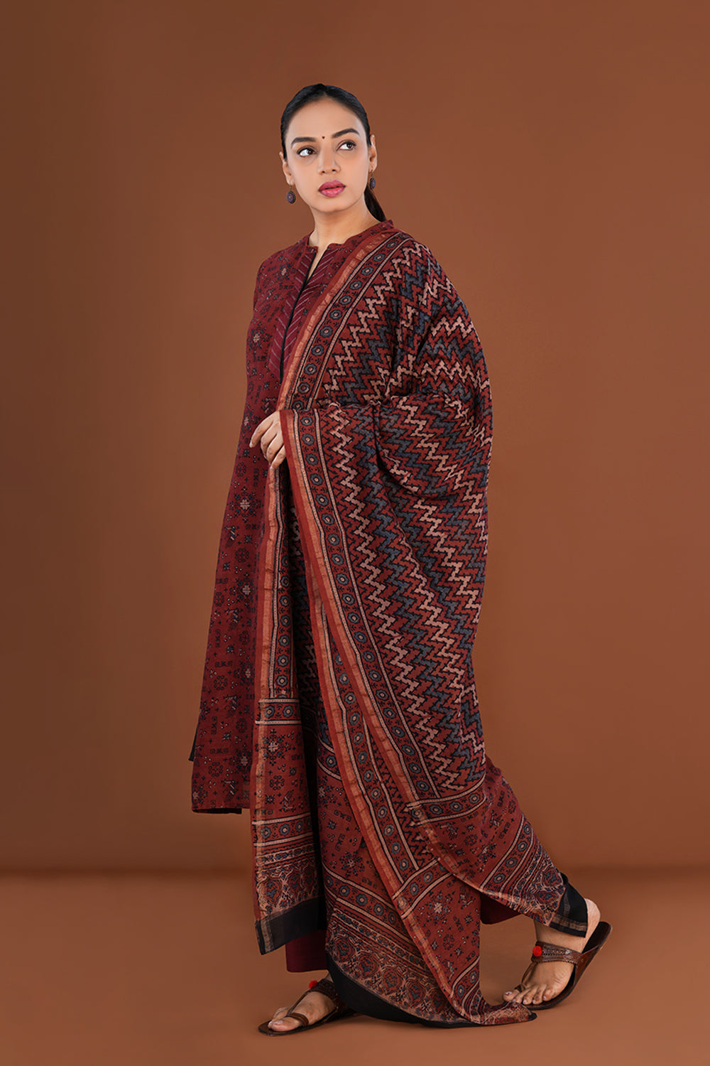 Maroon Ajrak handblock printed Chanderi Kurta set