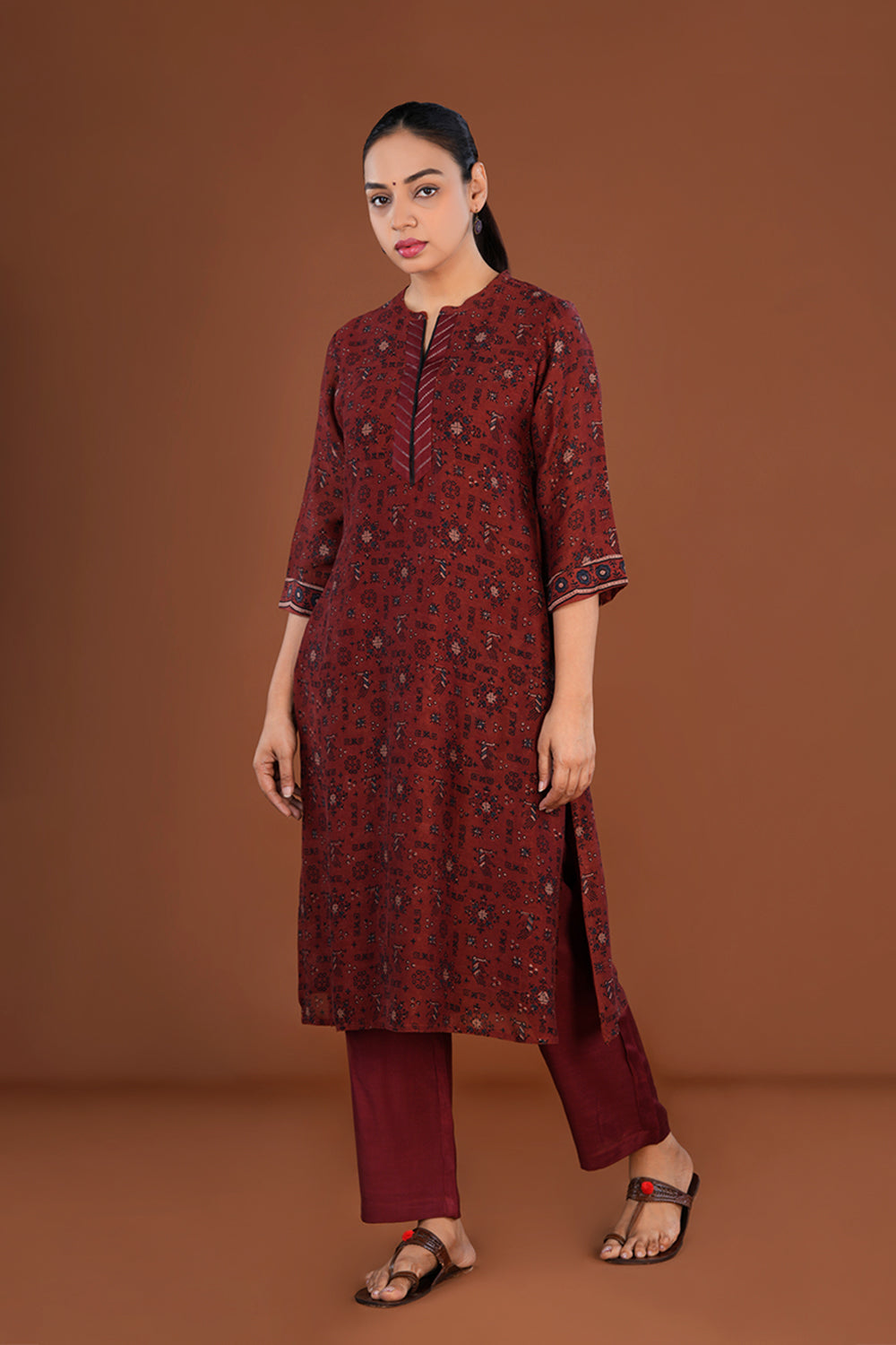 Maroon Ajrak handblock printed Chanderi Kurta set