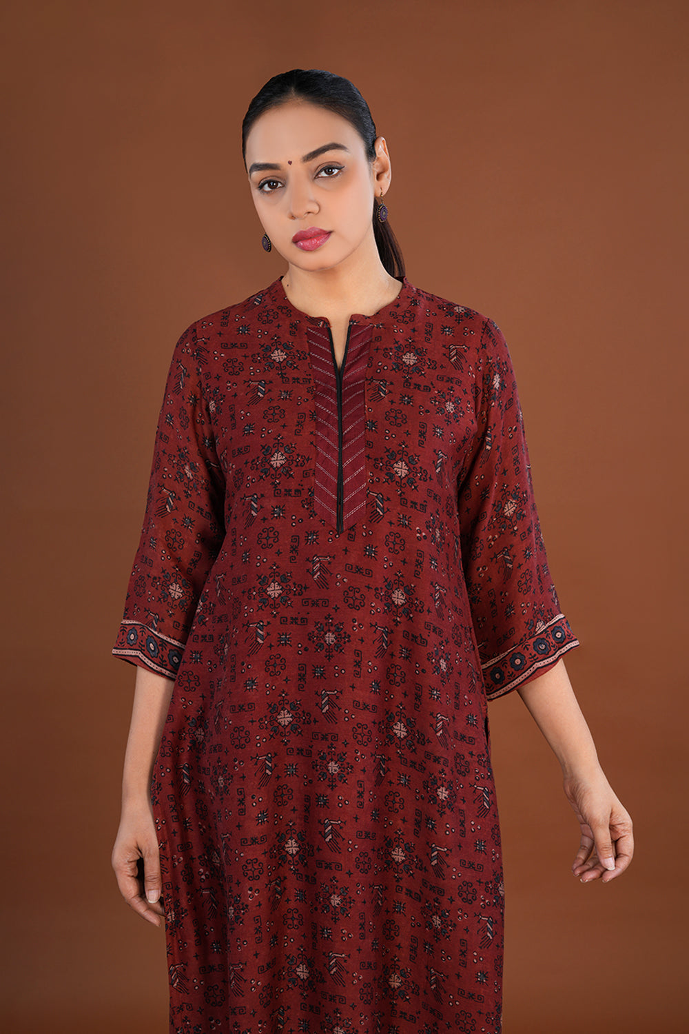 Maroon Ajrak handblock printed Chanderi Kurta set