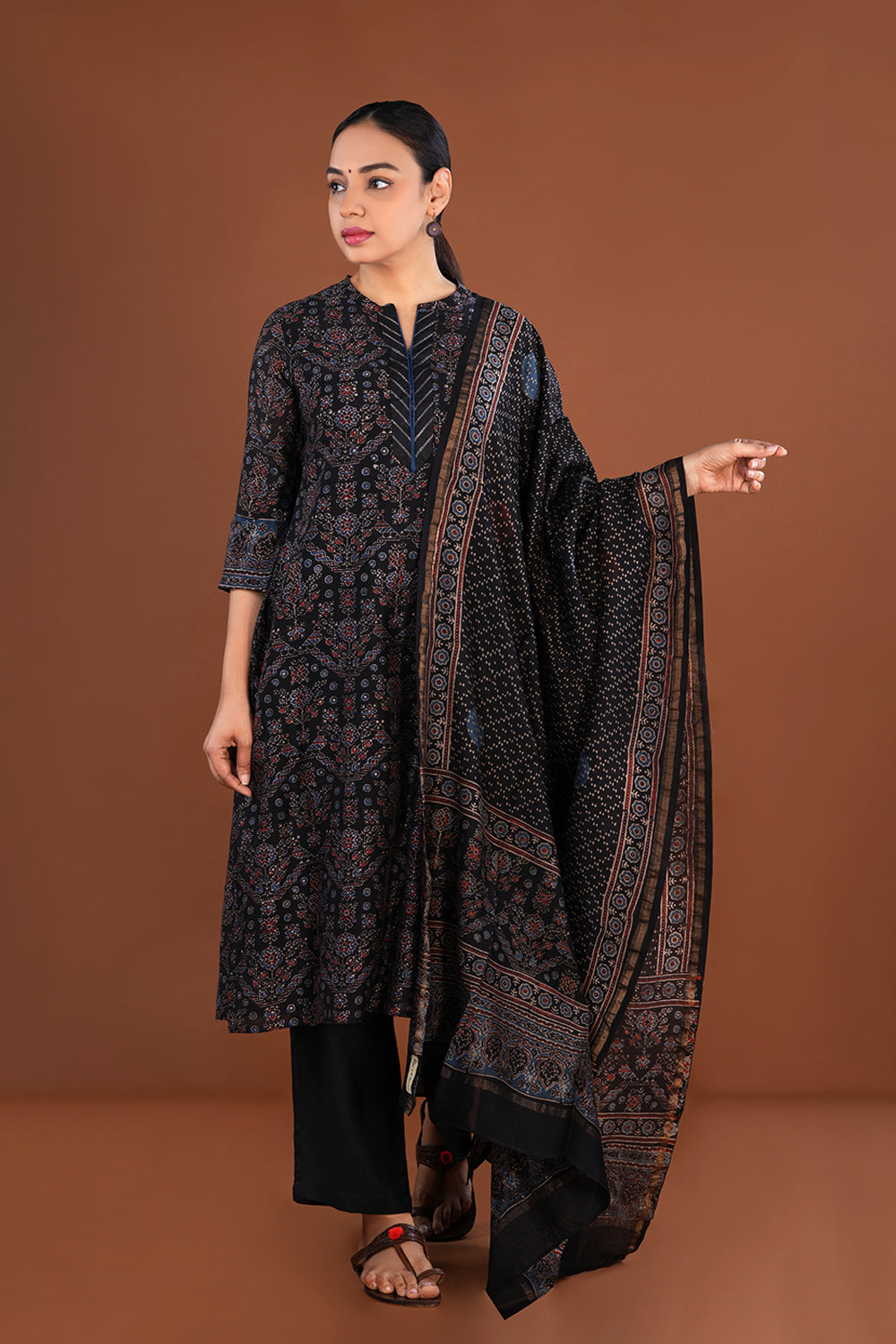 Image of Deep Black Ajrak handblock printed Chanderi Kurta set