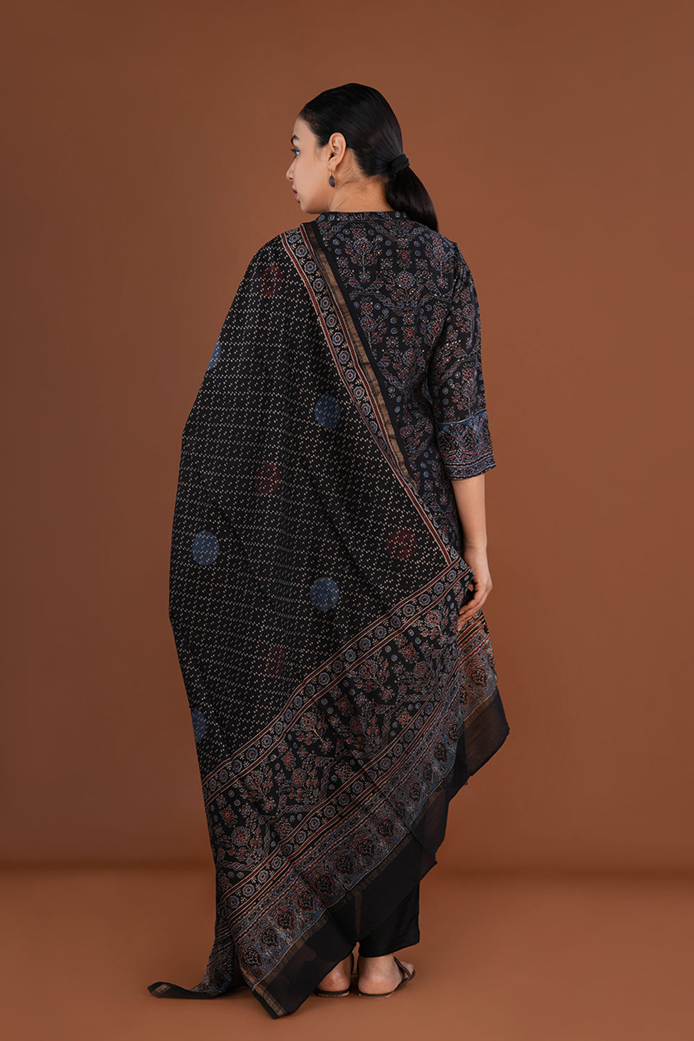 Deep Black Ajrak handblock printed Chanderi Kurta set