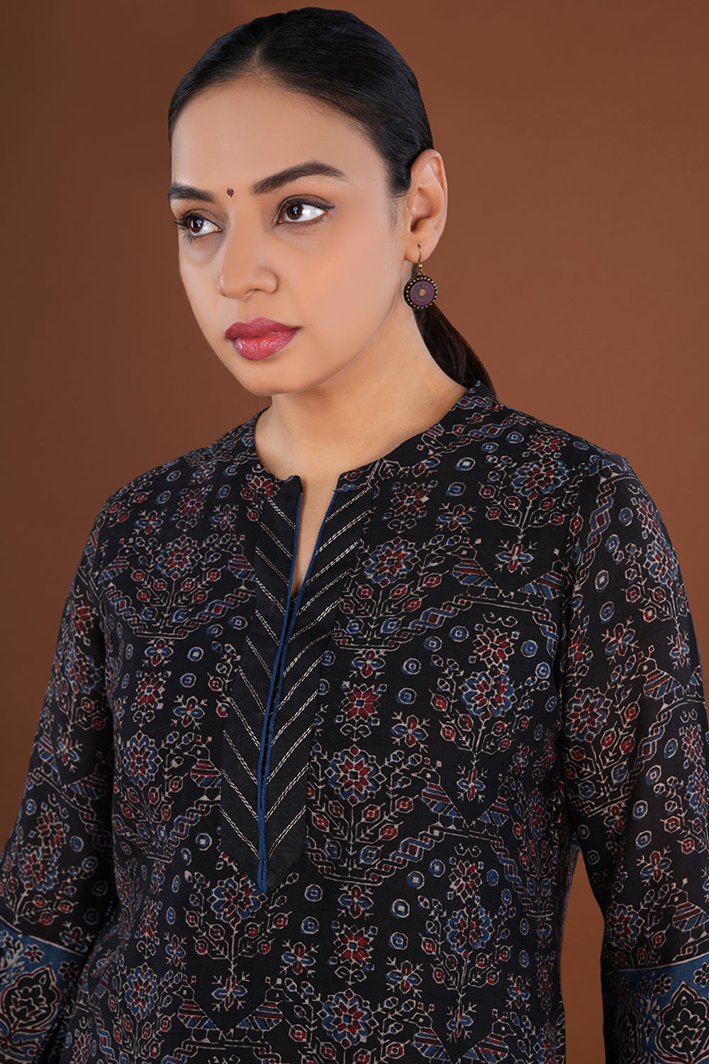 Image of Deep Black Ajrak handblock printed Chanderi Kurta set