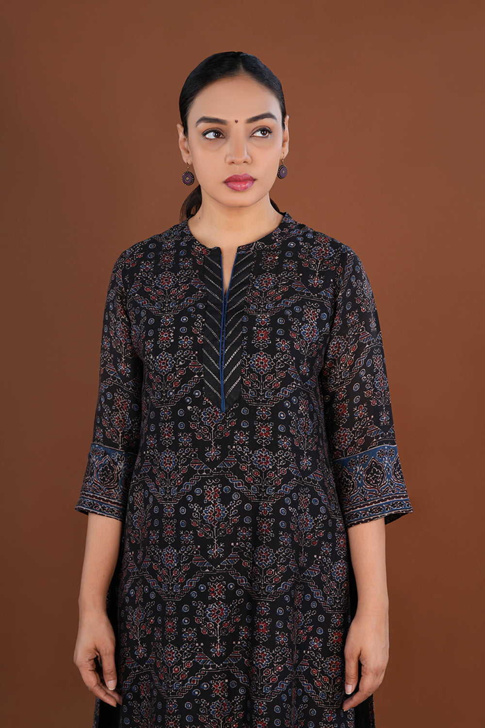 Image of Deep Black Ajrak handblock printed Chanderi Kurta set