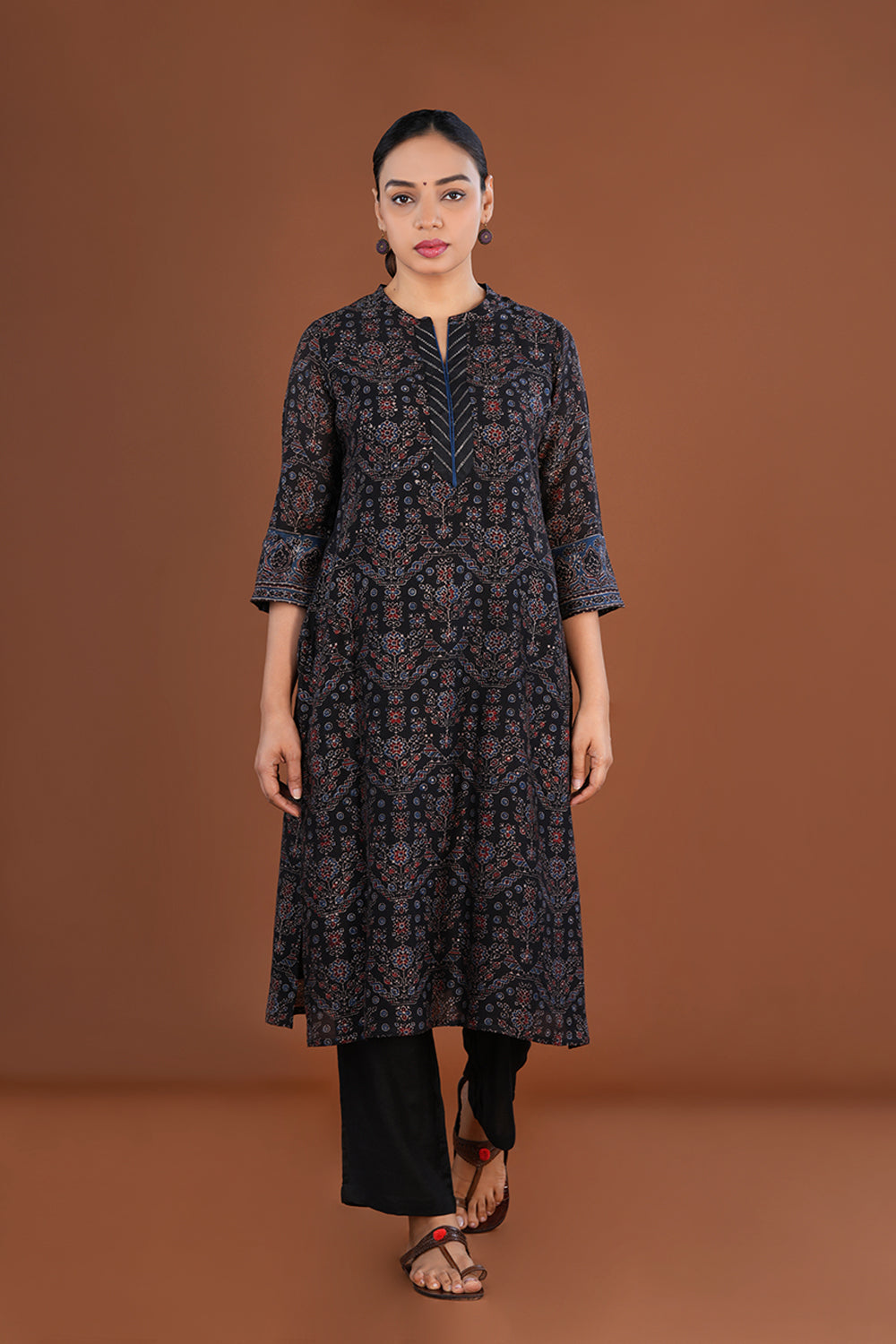 Deep Black Ajrak handblock printed Chanderi Kurta set