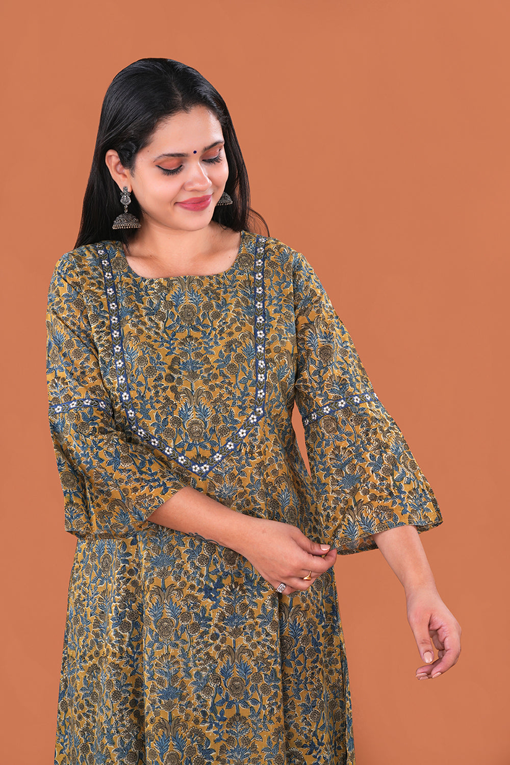 Image of Mustard Yellow embroidered Kalamkari Cotton Kurta