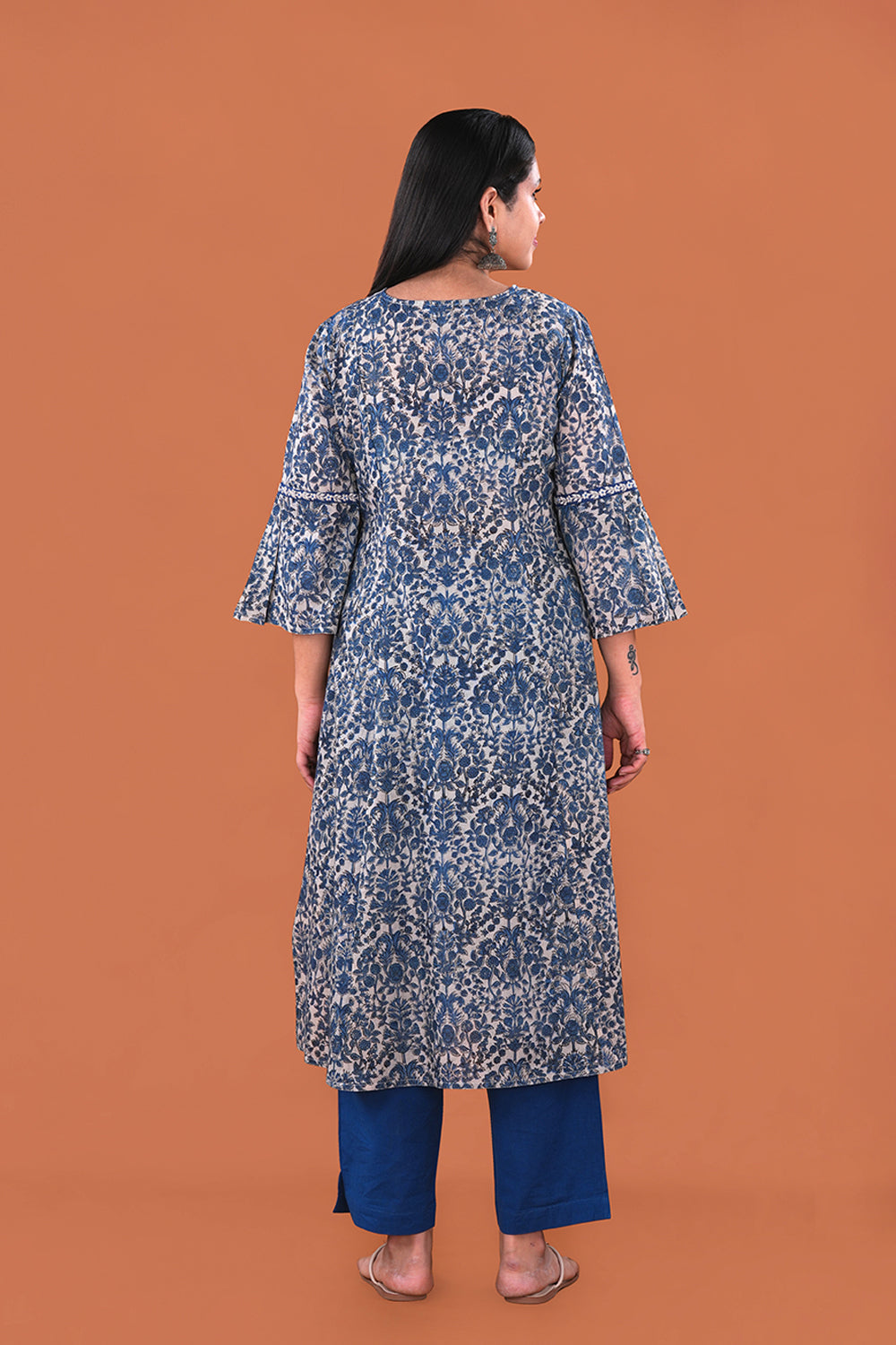 Image of Indigo embroidered Kalamkari Cotton Kurta