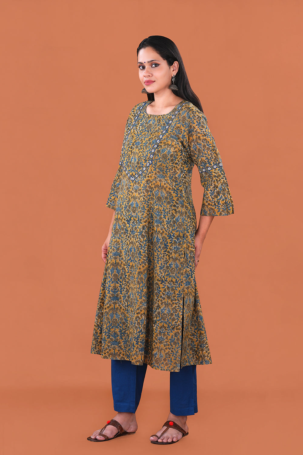 Image of Mustard Yellow embroidered Kalamkari Cotton Kurta