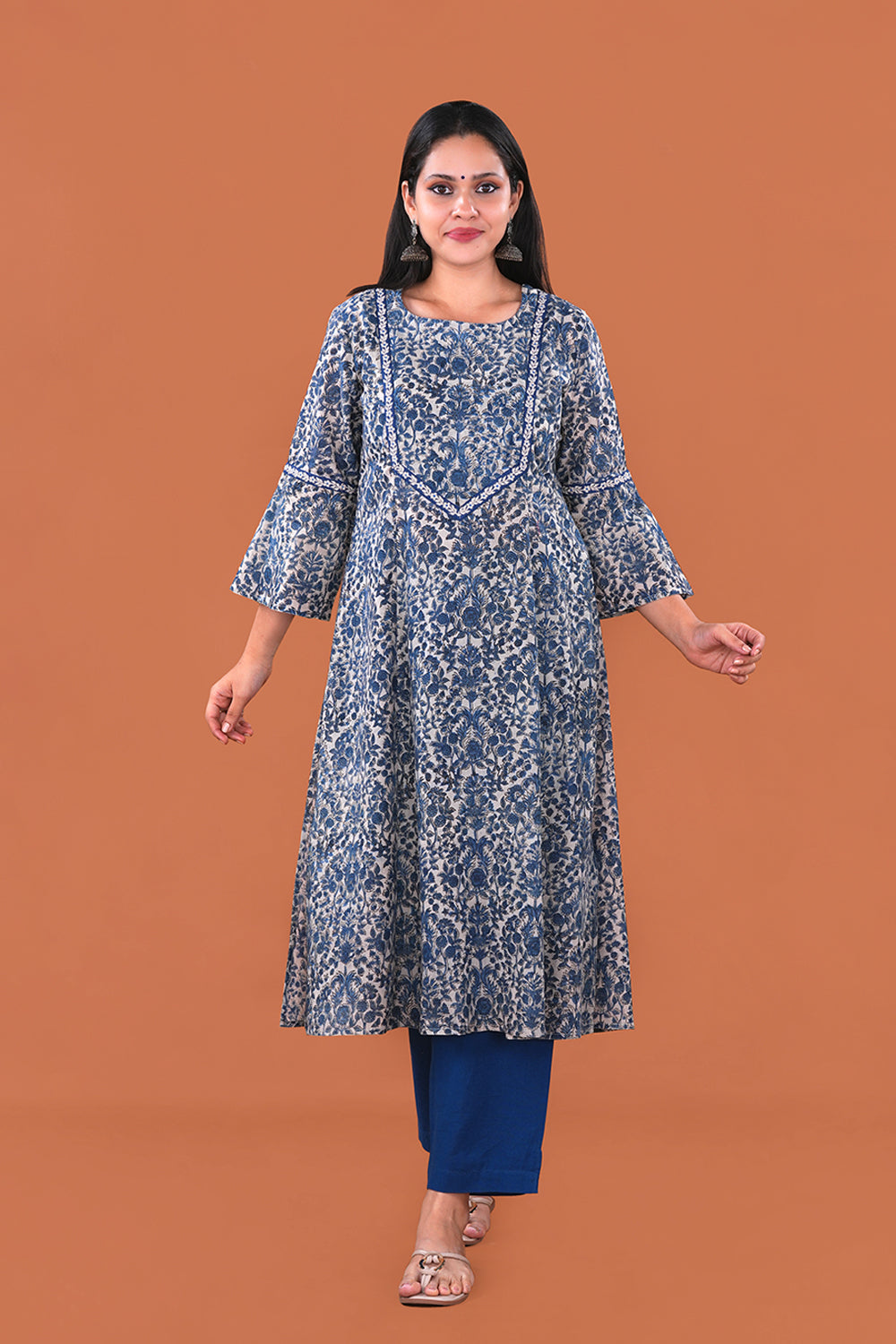 Image of Indigo embroidered Kalamkari Cotton Kurta