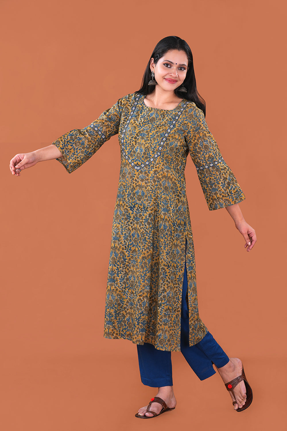 Image of Mustard Yellow embroidered Kalamkari Cotton Kurta