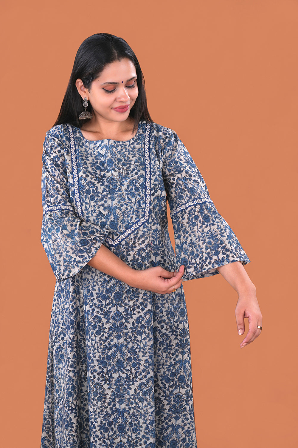 Image of Indigo embroidered Kalamkari Cotton Kurta