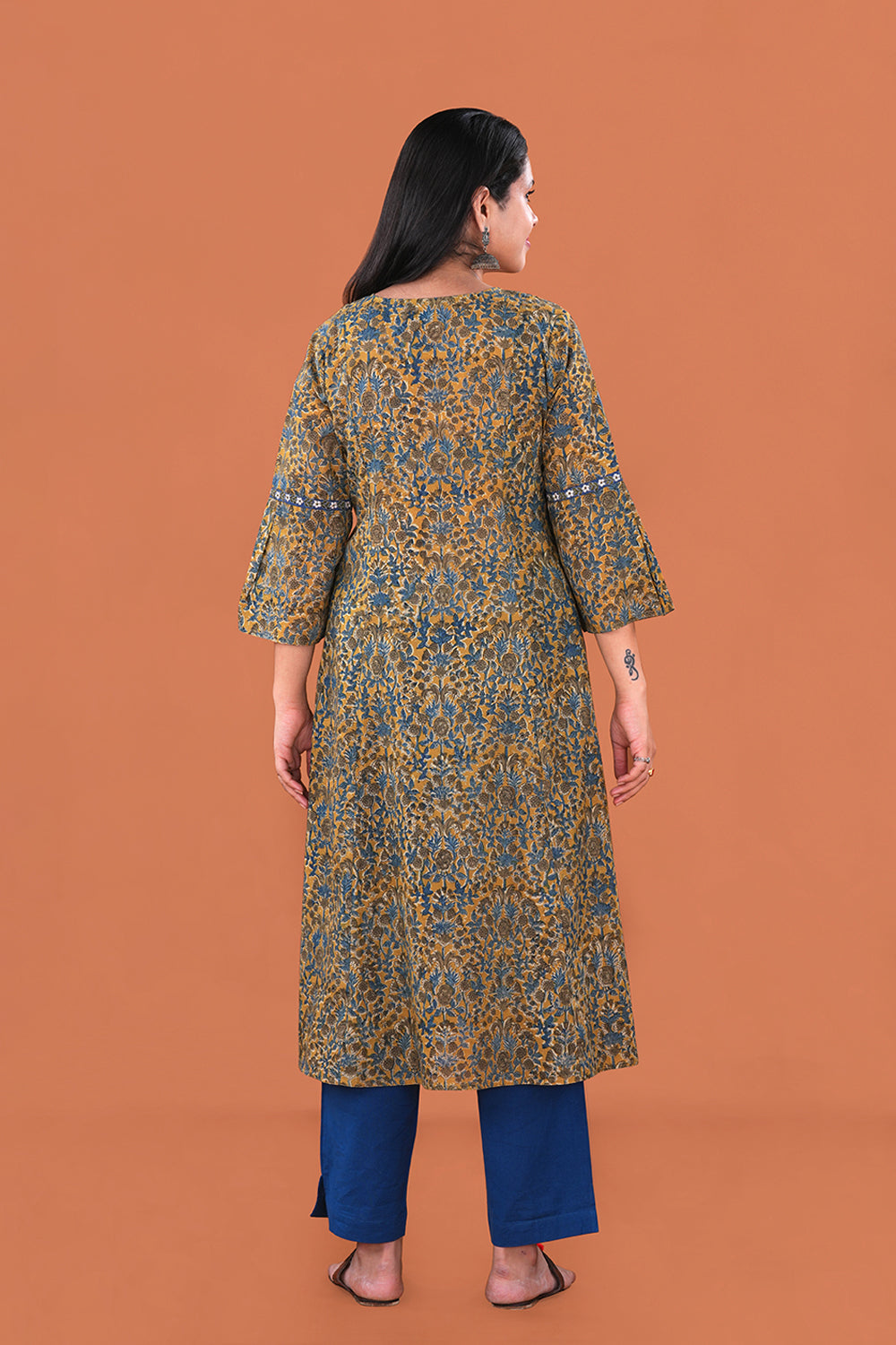 Image of Mustard Yellow embroidered Kalamkari Cotton Kurta