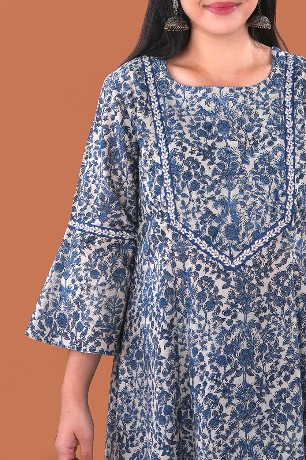 Image of Indigo embroidered Kalamkari Cotton Kurta