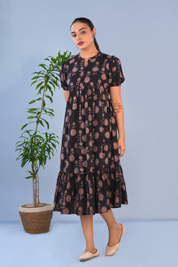 Smokey Black Cotton Kalamkari dress Kalanjali Smokey Black Cotton Kalamkari dress Kalanjali