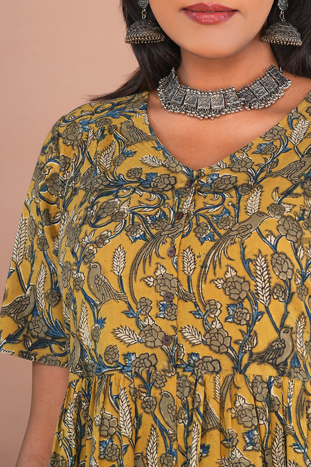 Image of Mustard Yellow Birdie print Kalamkari Cotton Kurta