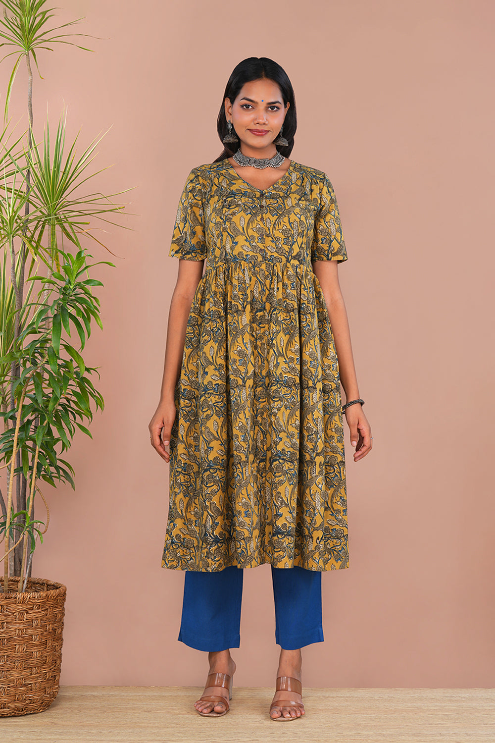 Image of Mustard Yellow Birdie print Kalamkari Cotton Kurta