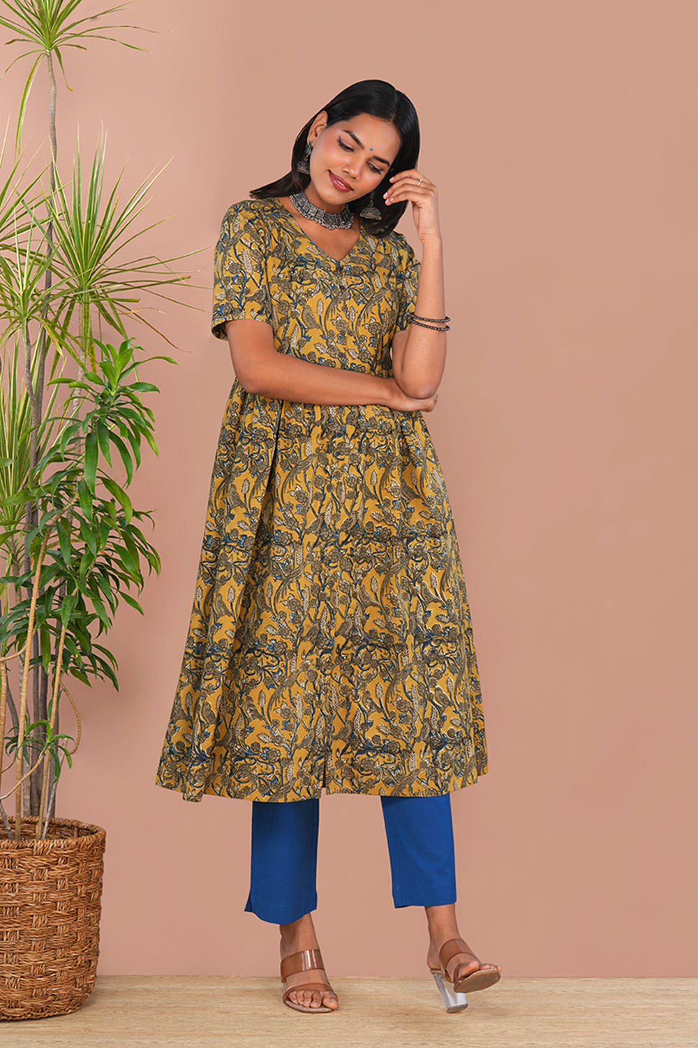 Image of Mustard Yellow Birdie print Kalamkari Cotton Kurta