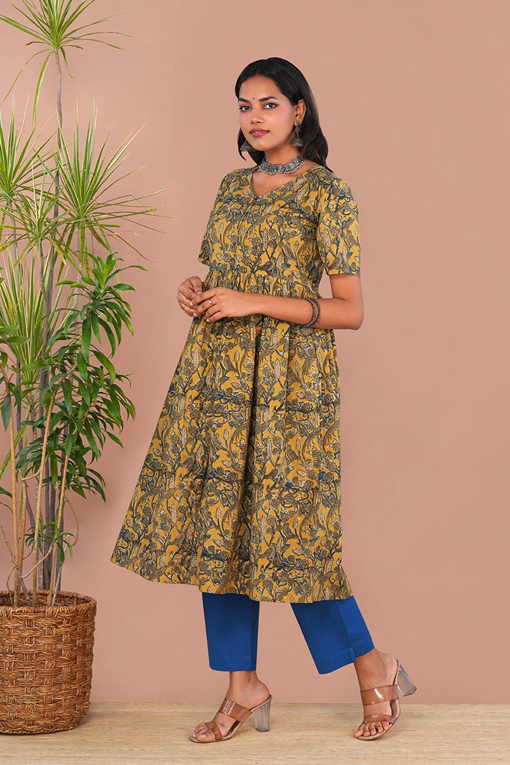 Image of Mustard Yellow Birdie print Kalamkari Cotton Kurta