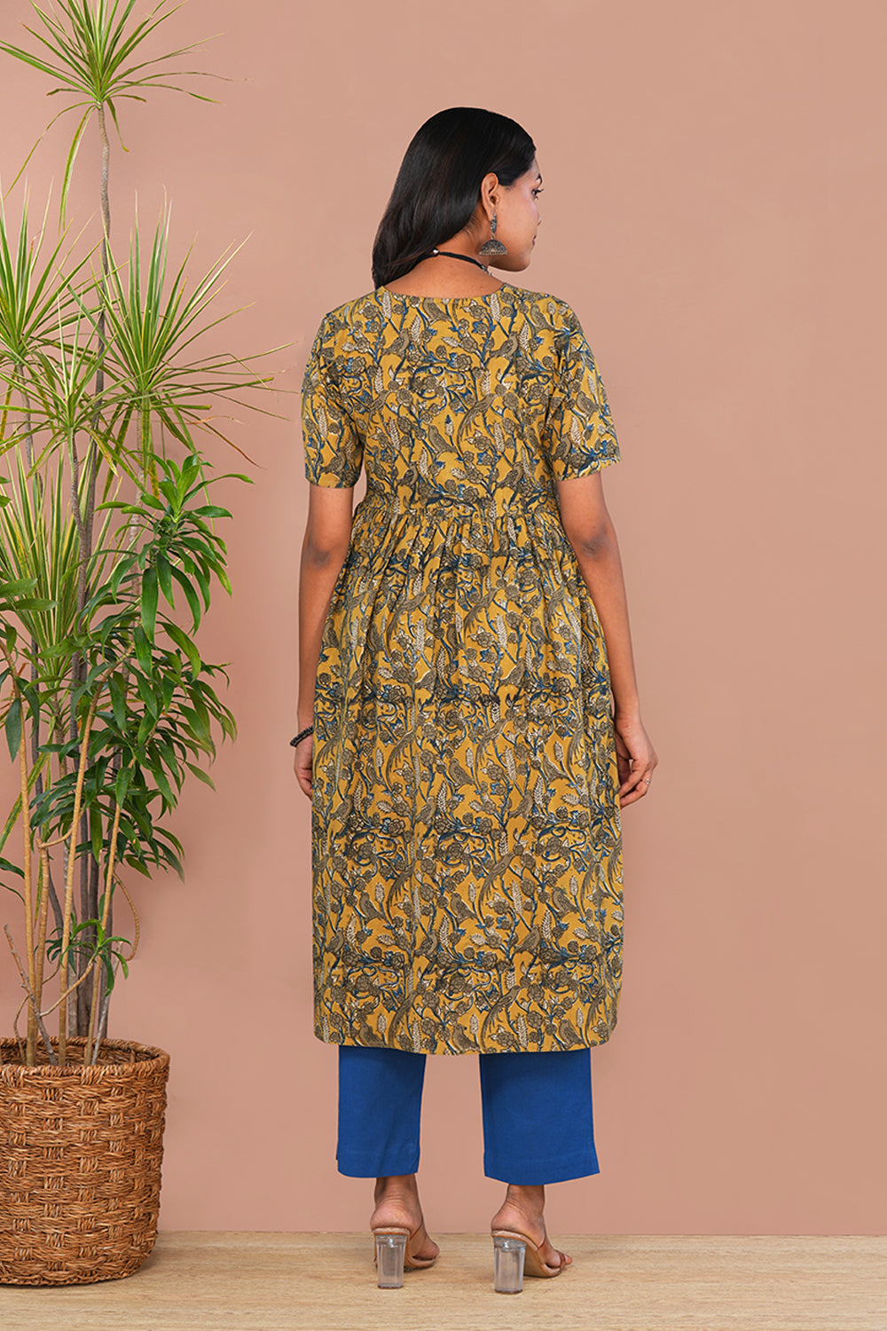 Image of Mustard Yellow Birdie print Kalamkari Cotton Kurta
