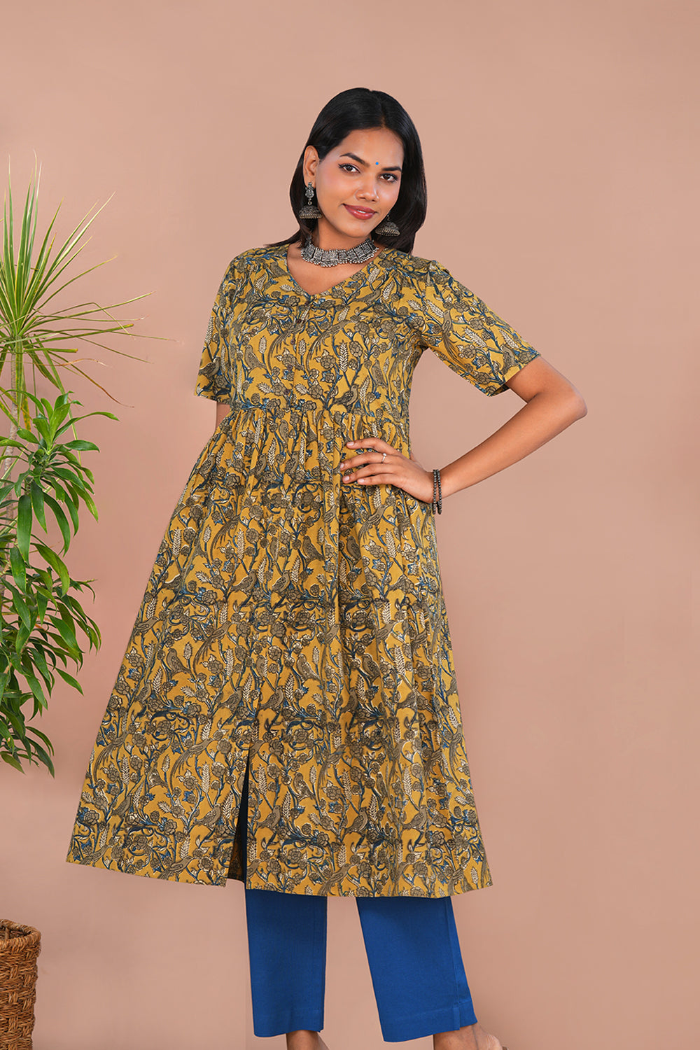Image of Mustard Yellow Birdie print Kalamkari Cotton Kurta
