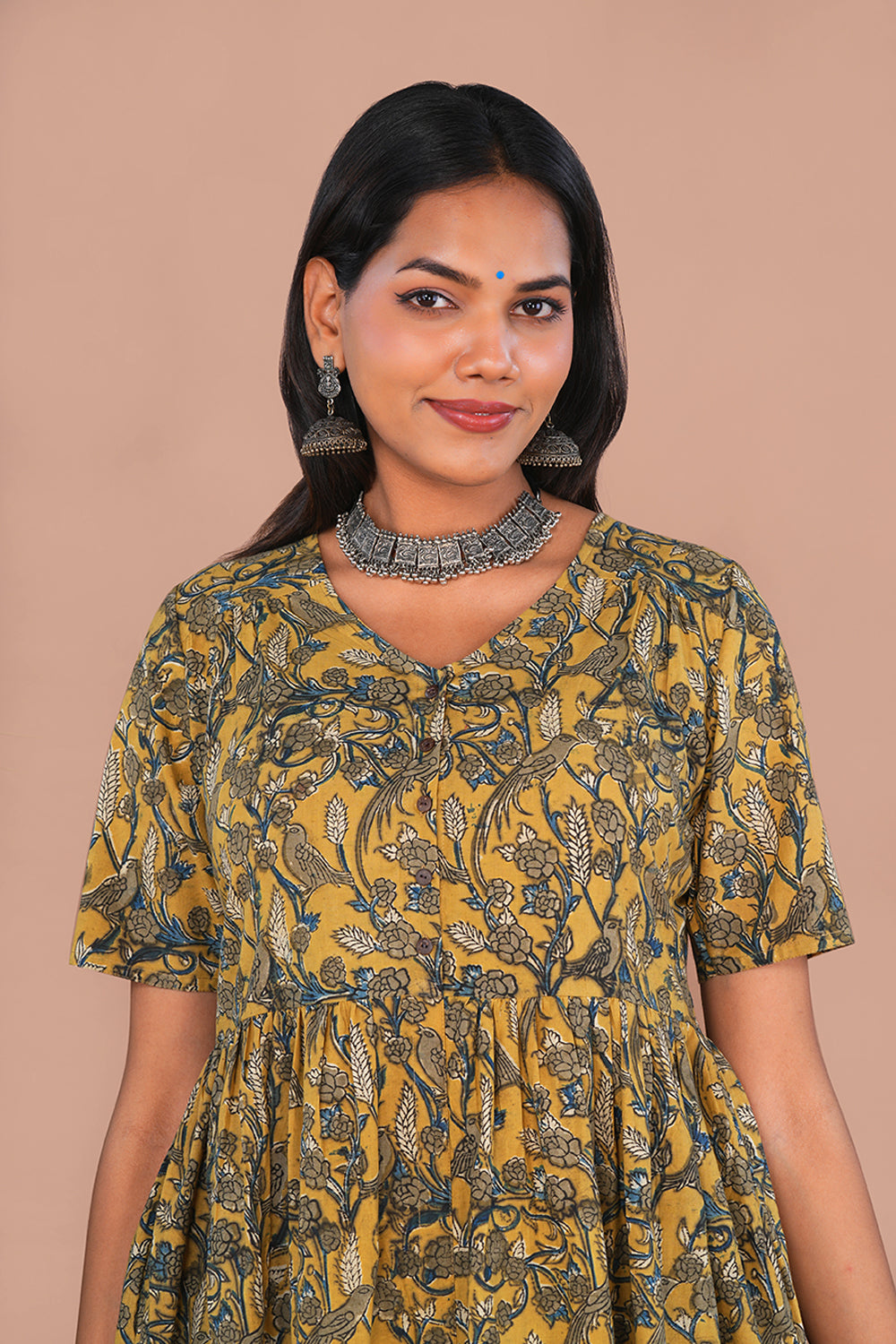 Image of Mustard Yellow Birdie print Kalamkari Cotton Kurta
