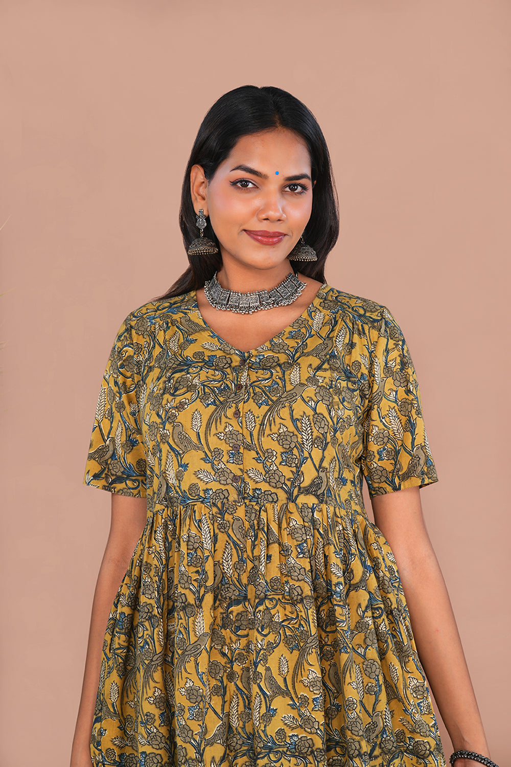 Image of Mustard Yellow Birdie print Kalamkari Cotton Kurta