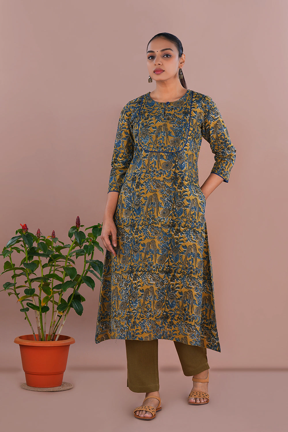 Image of Mustard Yellow Kalamkari Cotton Kurta