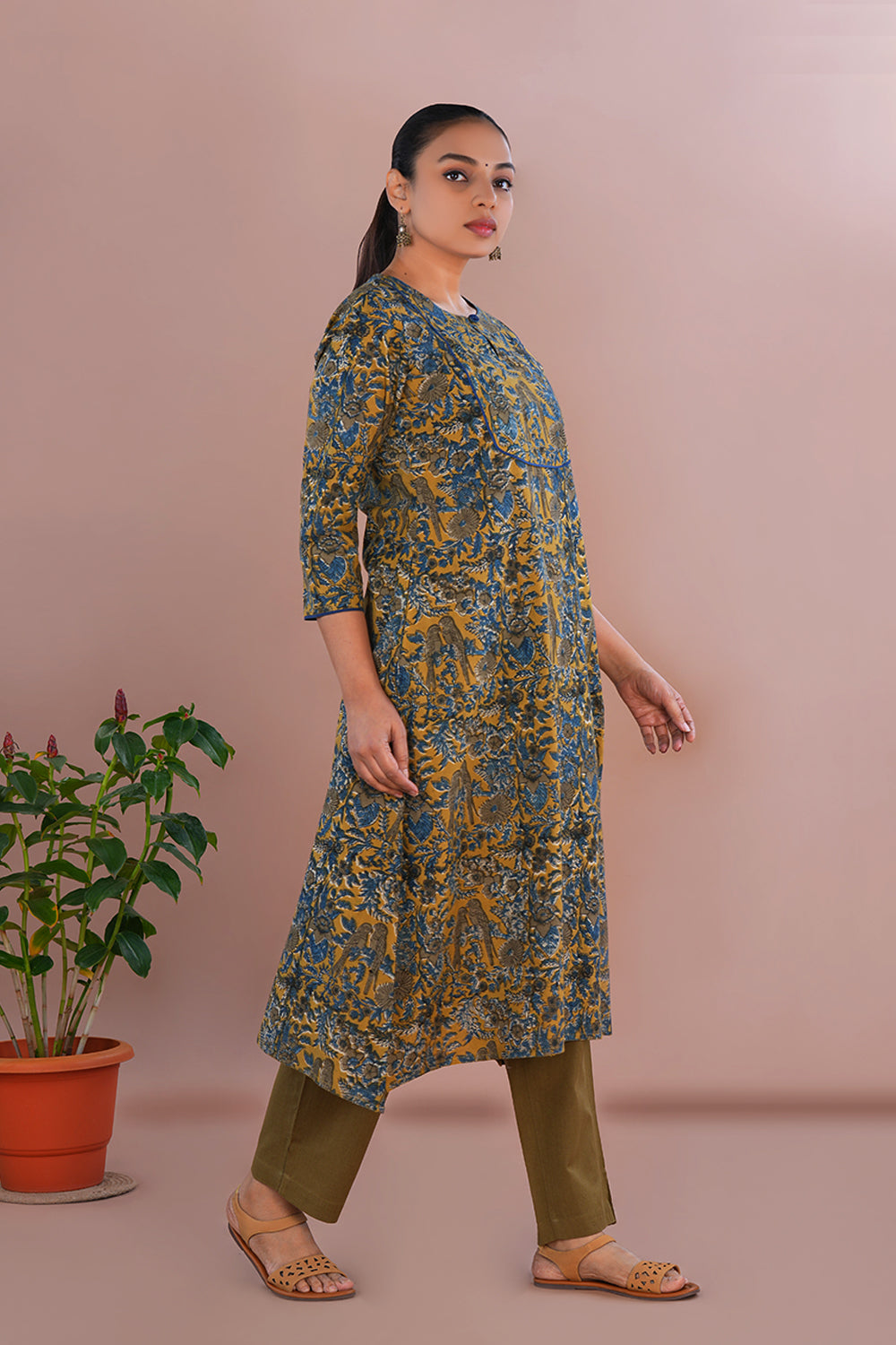 Image of Mustard Yellow Kalamkari Cotton Kurta