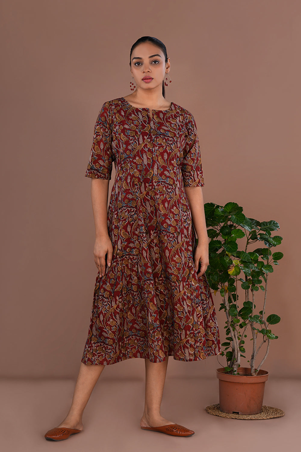 Kalamkari Mulmul cotton Dress XL / Maroon