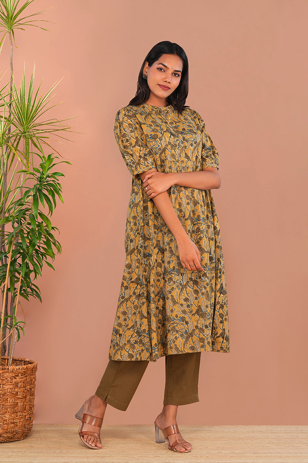 Image of Mustard Yellow Kalamkari Mulmul Cotton Kurta