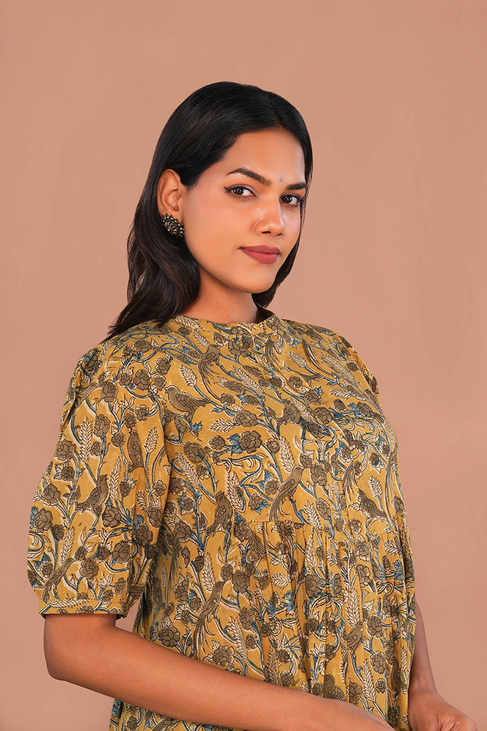 Image of Mustard Yellow Kalamkari Mulmul Cotton Kurta
