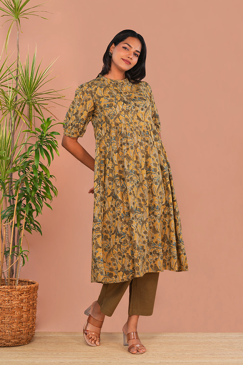 Image of Mustard Yellow Kalamkari Mulmul Cotton Kurta