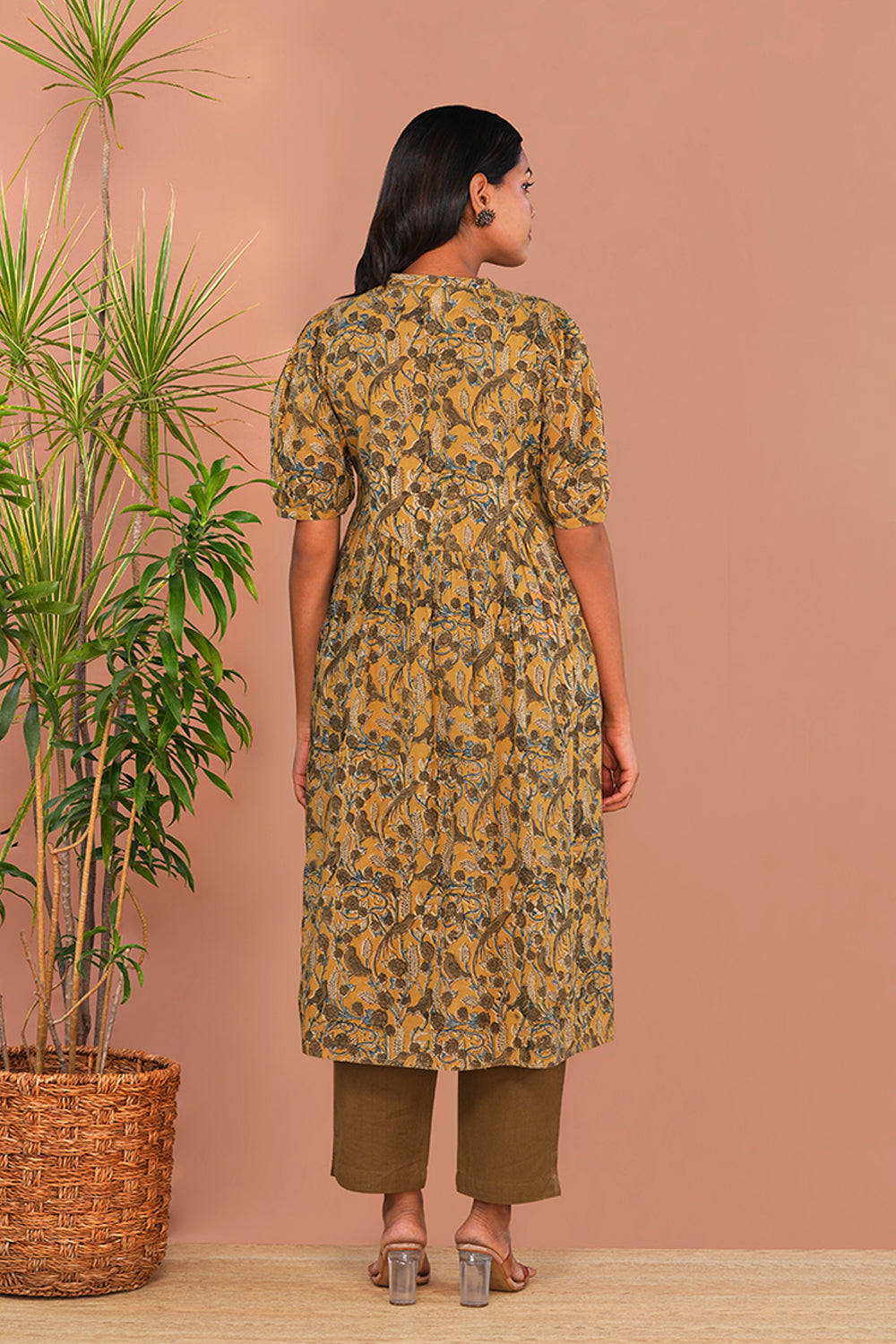 Image of Mustard Yellow Kalamkari Mulmul Cotton Kurta