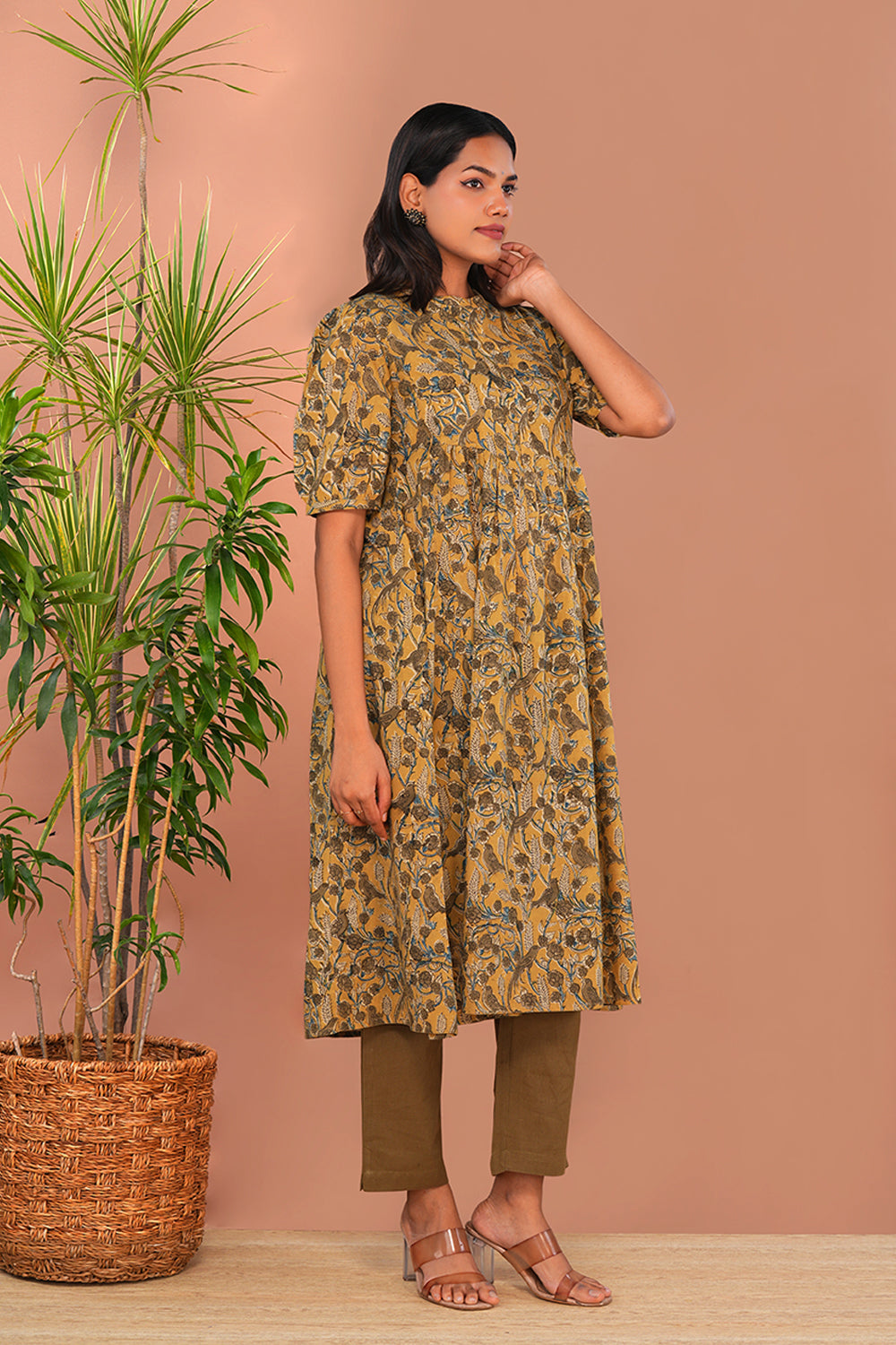 Image of Mustard Yellow Kalamkari Mulmul Cotton Kurta