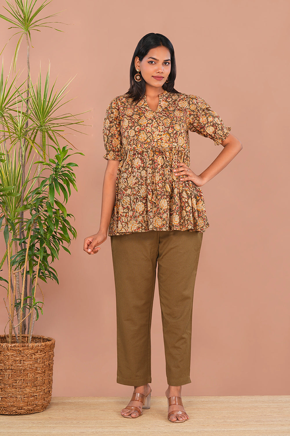 Image of Olive green Kalamkari Cotton Short Top