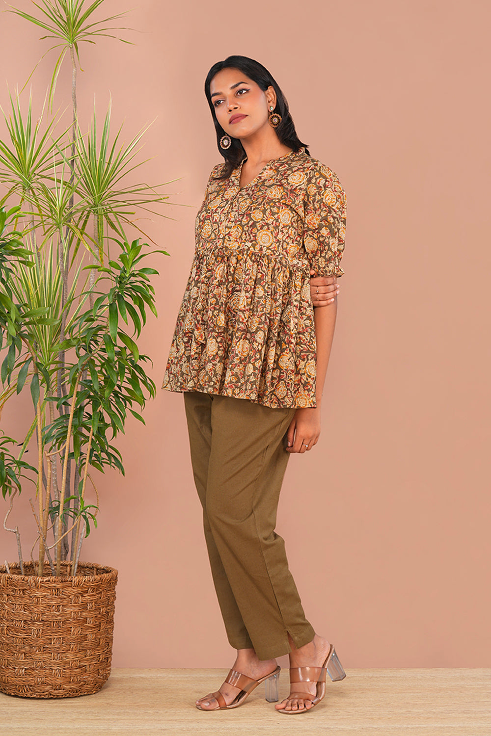 Image of Olive green Kalamkari Cotton Short Top