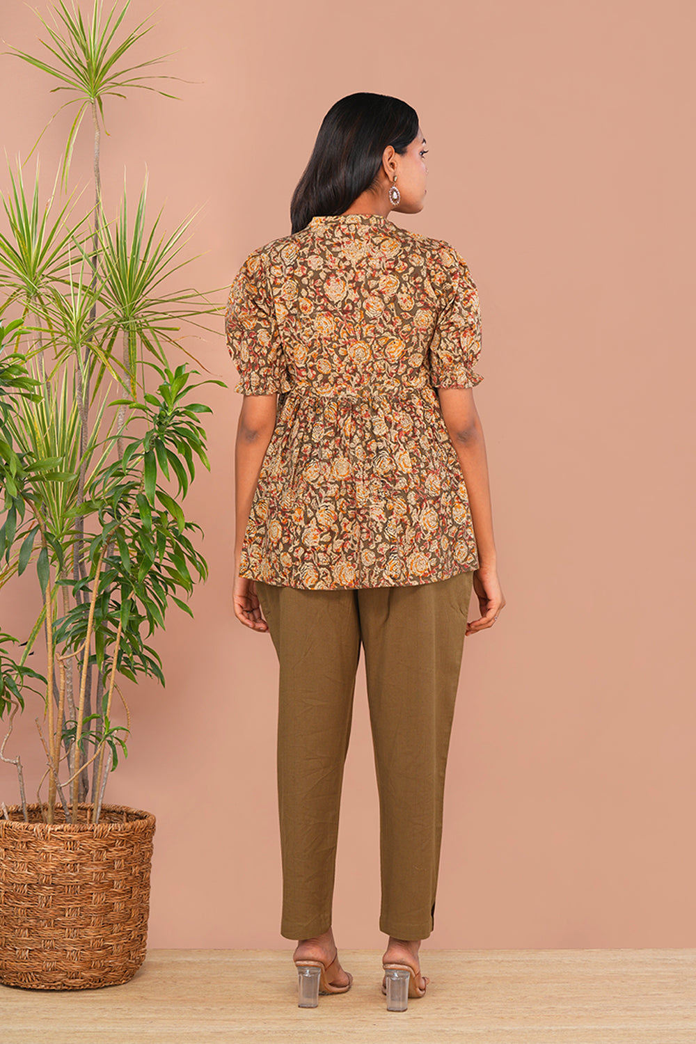Image of Olive green Kalamkari Cotton Short Top