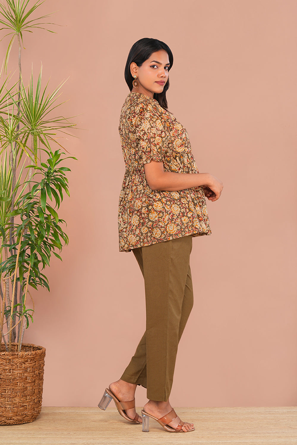 Image of Olive green Kalamkari Cotton Short Top