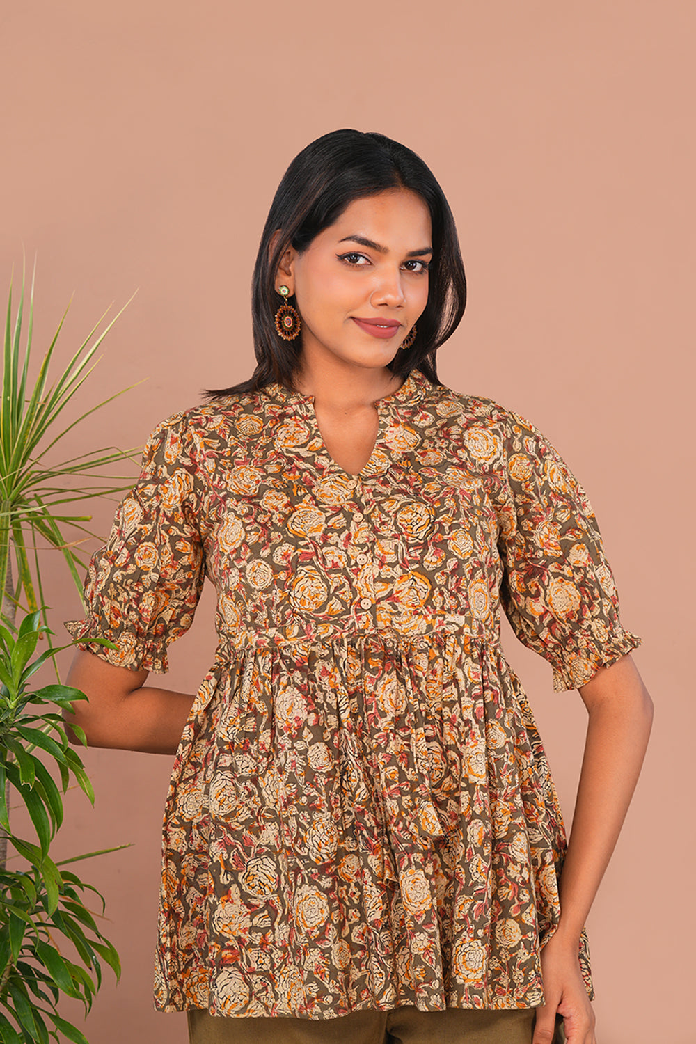 Image of Olive green Kalamkari Cotton Short Top