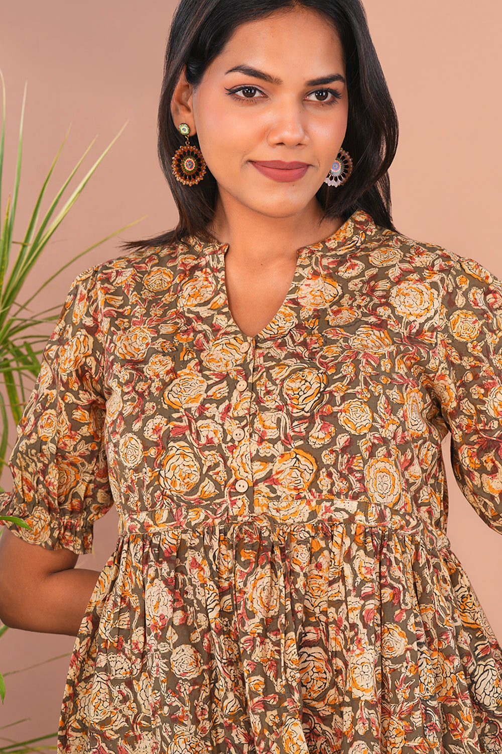 Image of Olive green Kalamkari Cotton Short Top