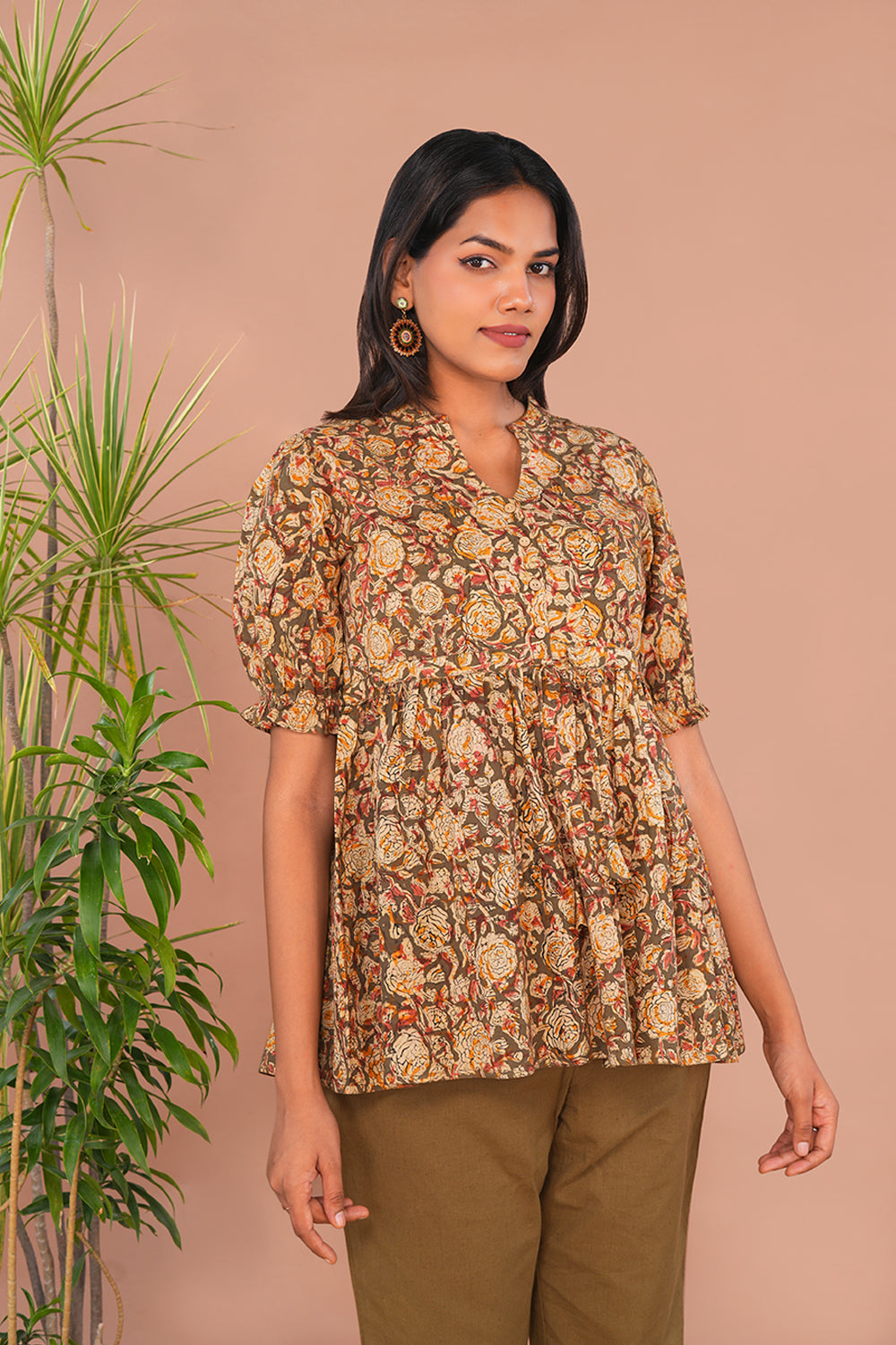 Image of Olive green Kalamkari Cotton Short Top