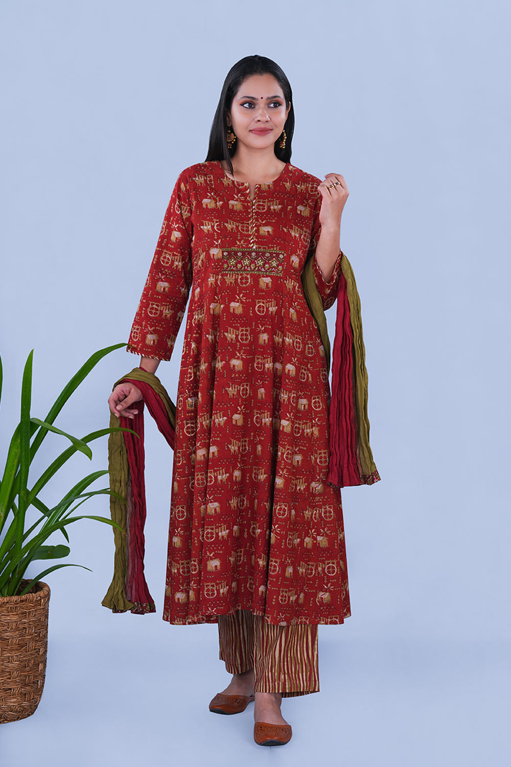 Image of Rustish red Bagru Block Printed Cotton Kurta Set