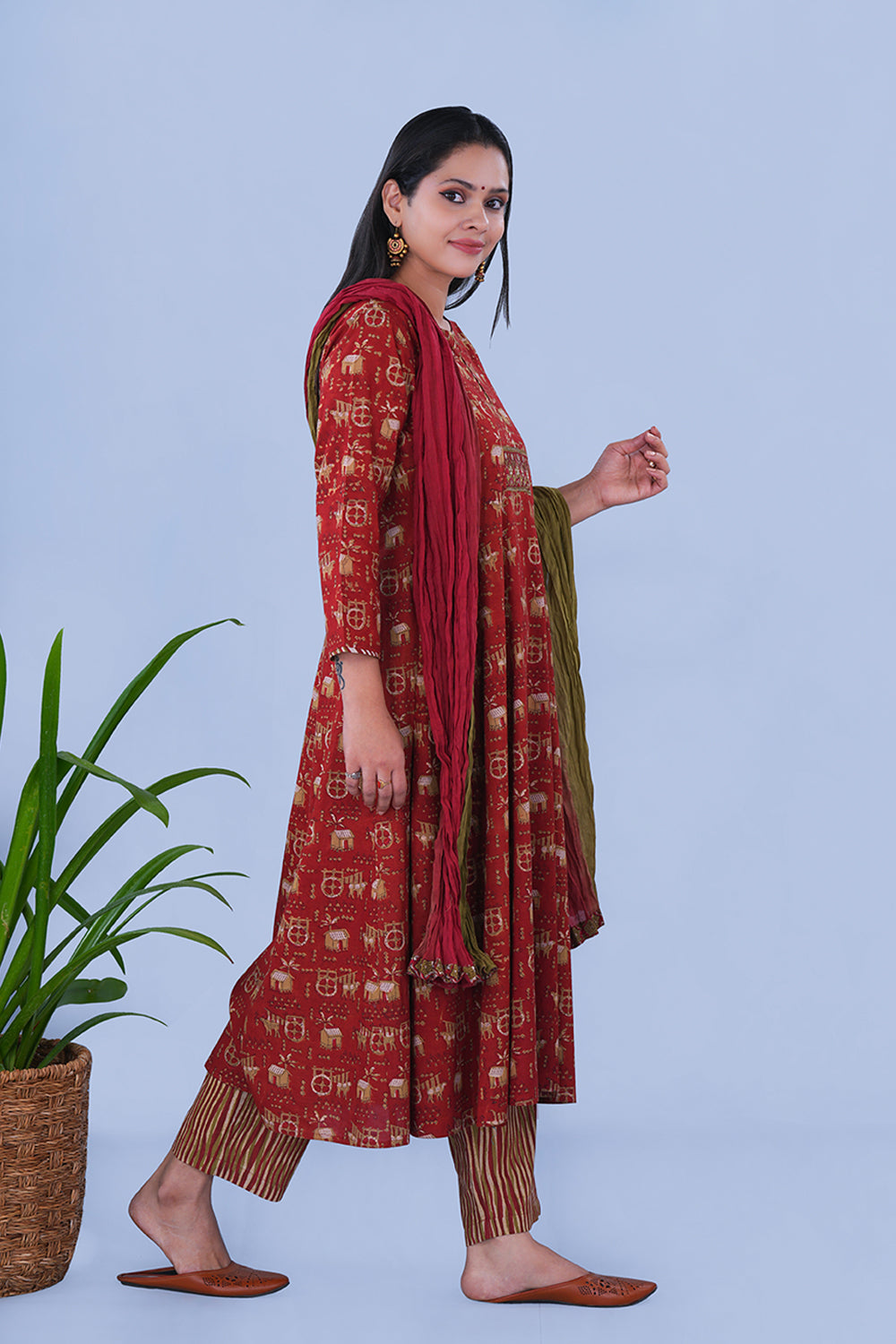 Image of Rustish red Bagru Block Printed Cotton Kurta Set