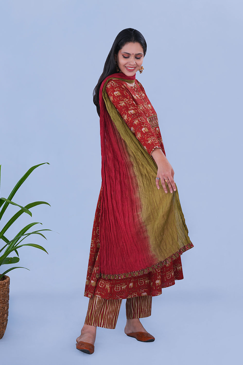 Image of Rustish red Bagru Block Printed Cotton Kurta Set