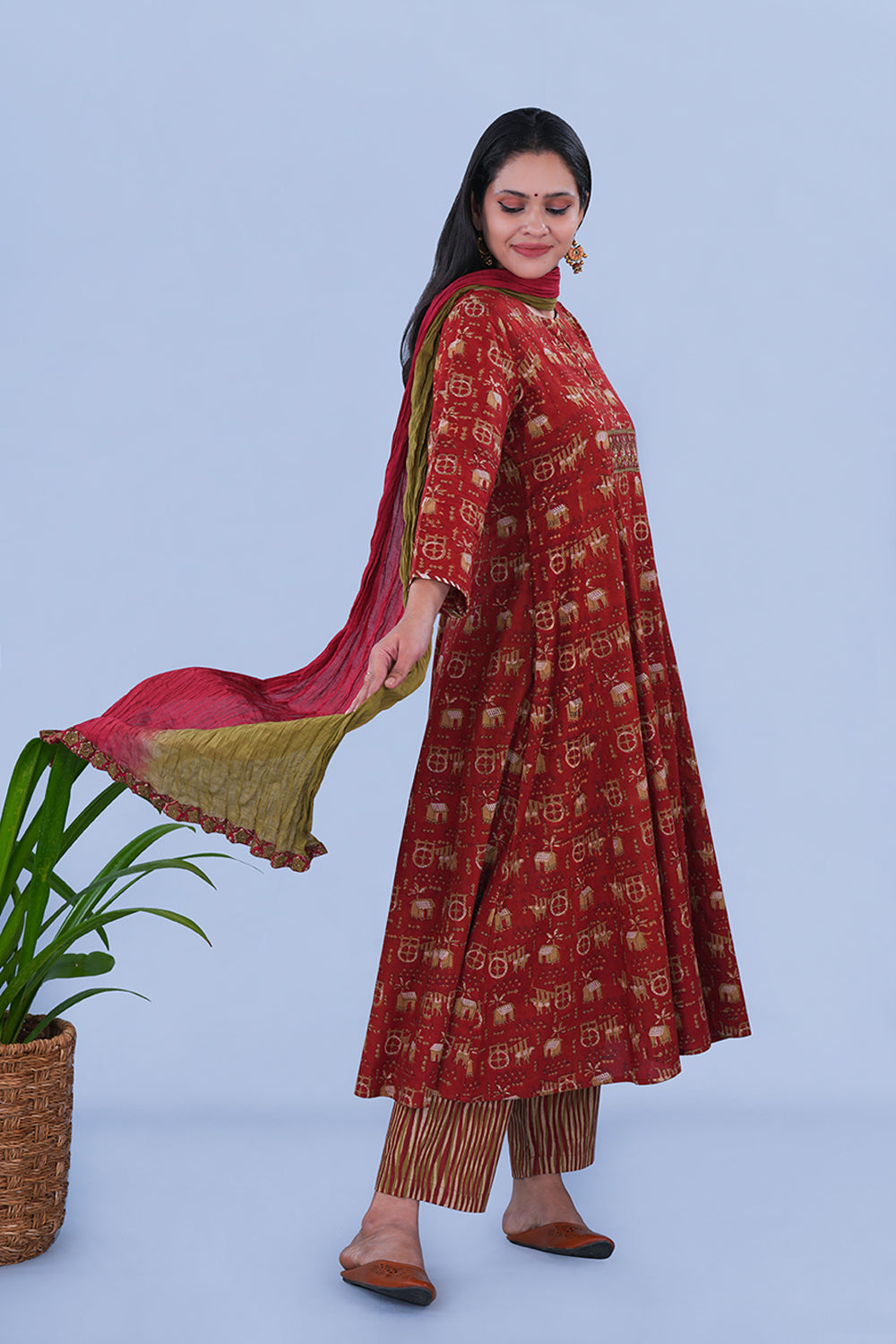 Image of Rustish red Bagru Block Printed Cotton Kurta Set