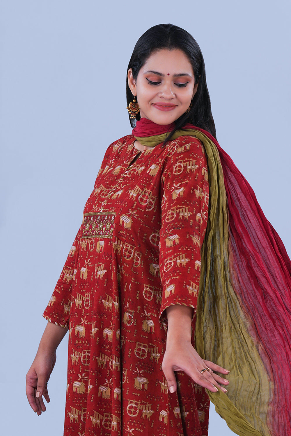 Image of Rustish red Bagru Block Printed Cotton Kurta Set