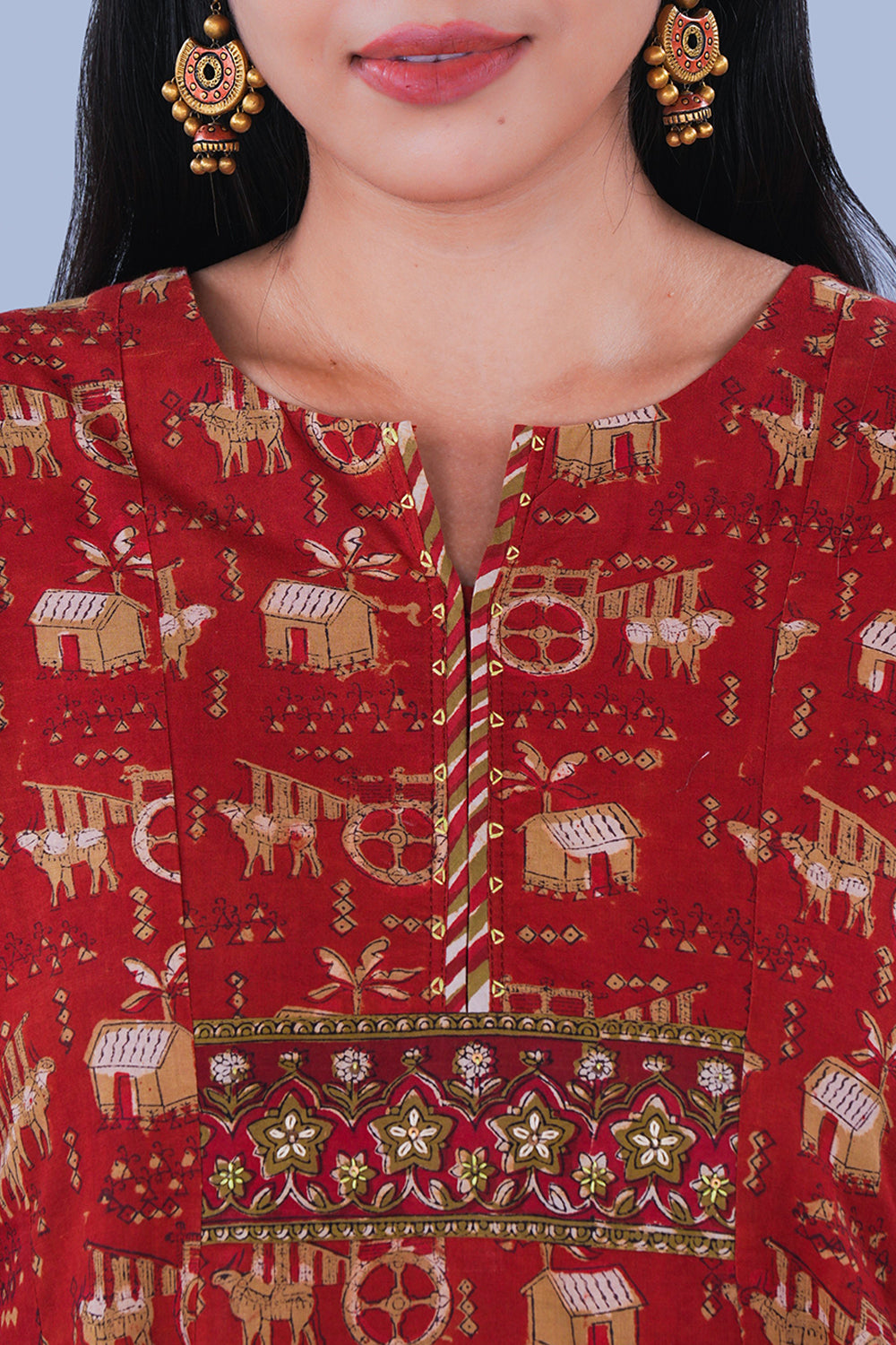 Image of Rustish red Bagru Block Printed Cotton Kurta Set