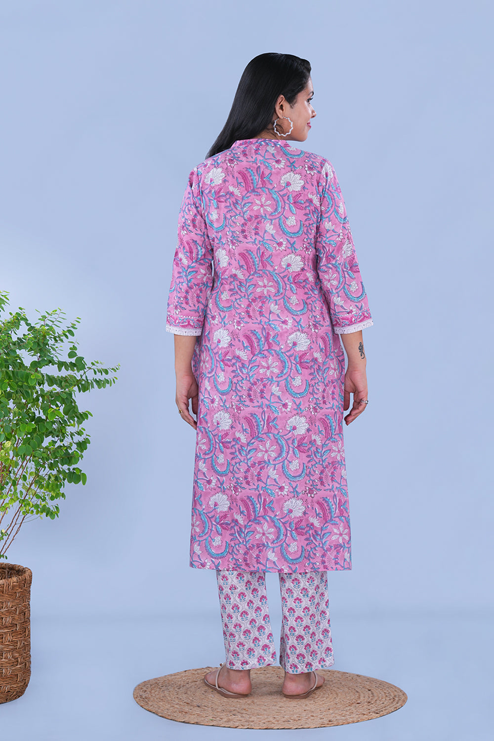 Image of Lilac Pink hand block printed cotton Kurta and pants set